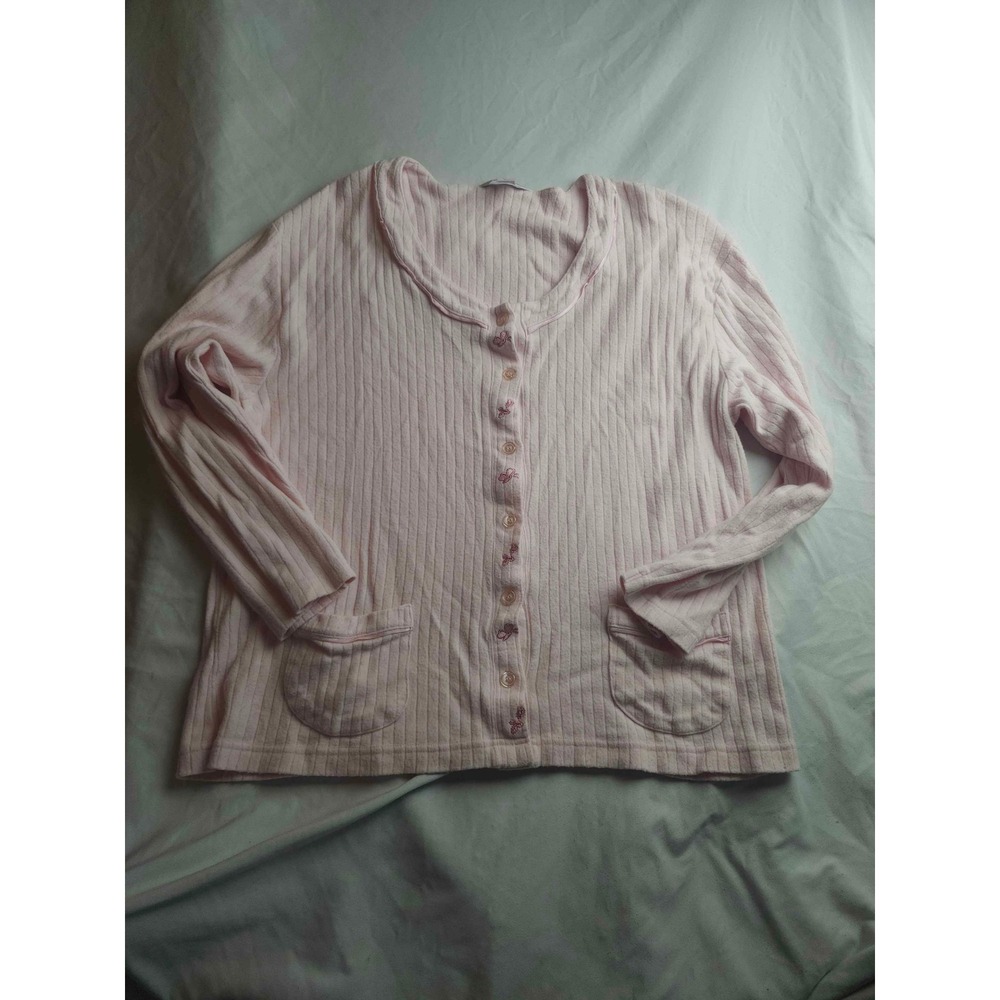 Vanity Fair Pink Ribbed Cotton Cardigan Button Front Floral Embroidery Large